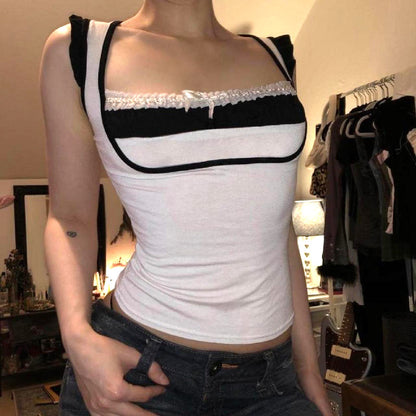 White & Black Patchwork Lace Square Neck Top