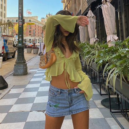 Green Sheer Flare Long Sleeve V Neck Blouse