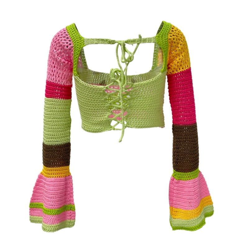 Rainbow Crochet Long Sleeve Drawstring Crop Top