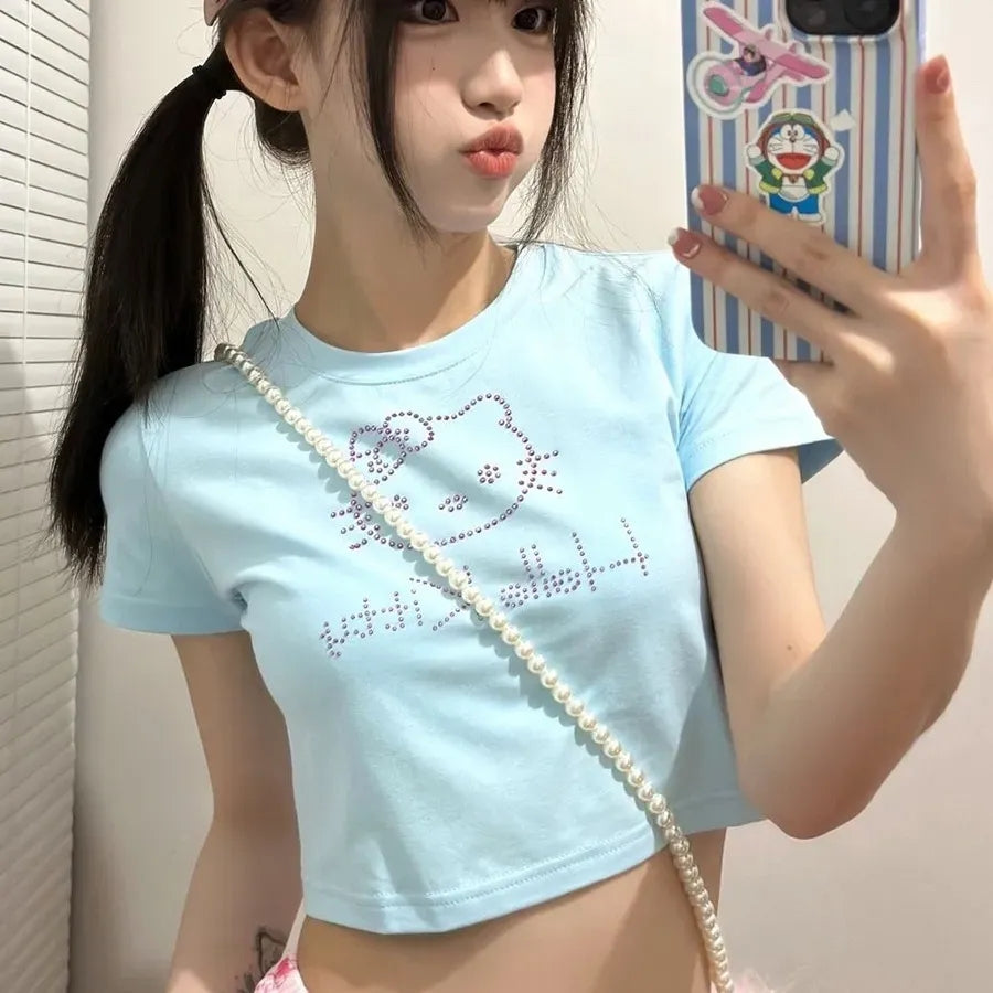 Japanese Cat Rhinestone Crop Top