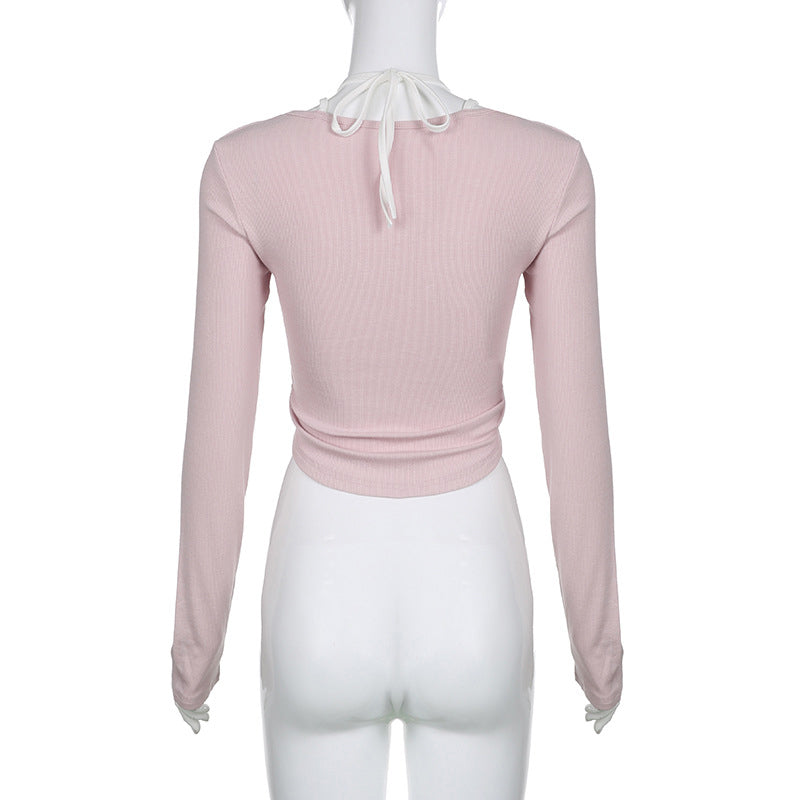 Pink Lace Patchwork Button Crop Top