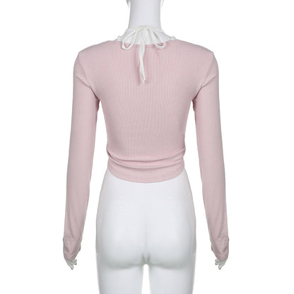Pink Lace Patchwork Button Crop Top