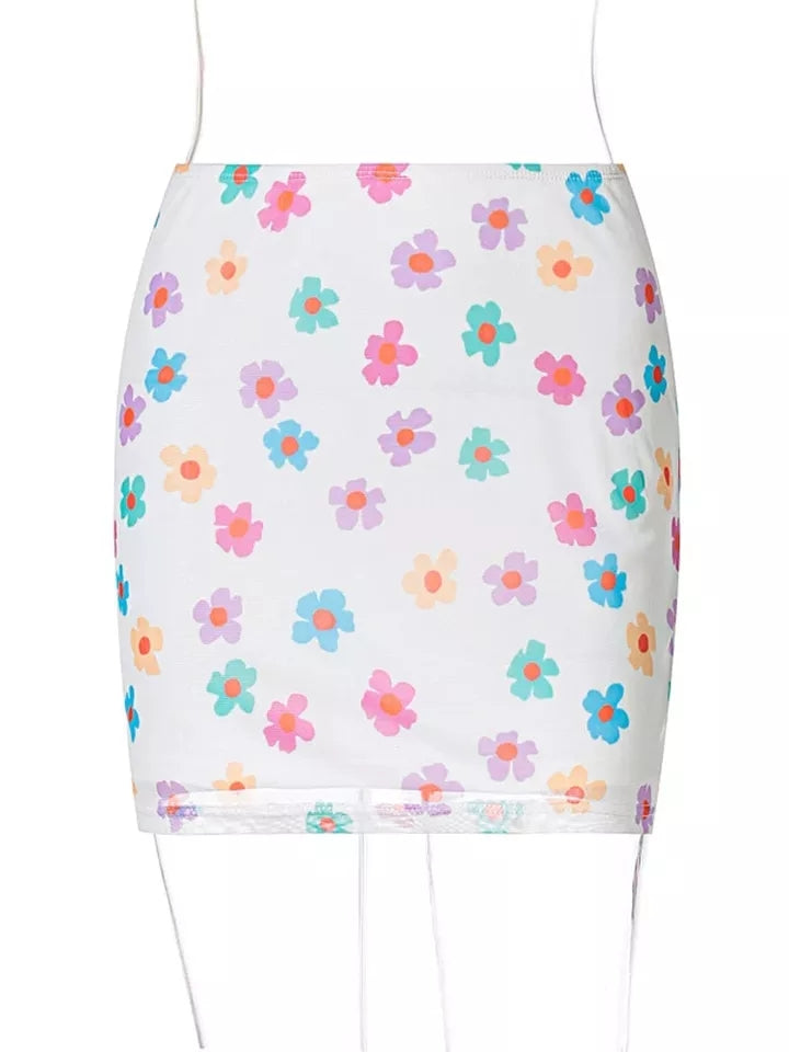 Sweet 90s Floral Mesh Mini Skirt Aesthetic Casual E-Girl Kawaii Korean Japanese Harajuku