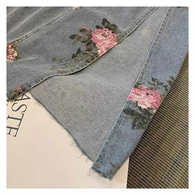 Cute Vintage Flowers Print Maxi Denim Skirt High Waist Open Split Straight Summer Aesthetic Casual E-Girl Kawaii Korean Japanese Harajuku