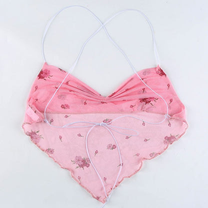 Cute Pink Blue Flower Print Mesh Halter Crop Top Blouse Sleeveless Shirt Club Party Summer Casual E-Girl Kawaii Korean Japanese Harajuku Streetwear