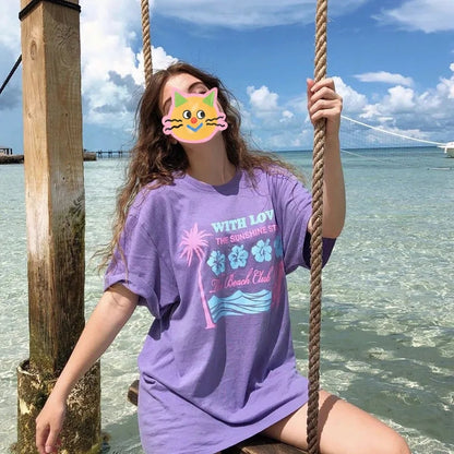Purple Hibiscus Flower Print Short Sleeve T-shirt