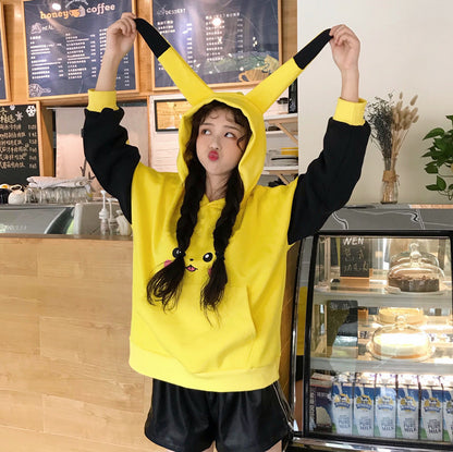Cute Yellow Pikachu Anime Cartoon Long Ears Oversized Casual Hoodie Sweater Sweatshirt Pullover E-Girl Kawaii Korean Japanese Harajuku Streetwear