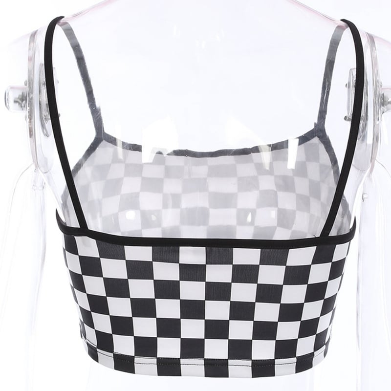 Cute Sexy Black White Checkered Plaid Tank Cami Crop Top Shirt Tee T-shirt E-Girl Kawaii Korean Japanese Harajuku Chinese Retro Streetwear Aesthetic