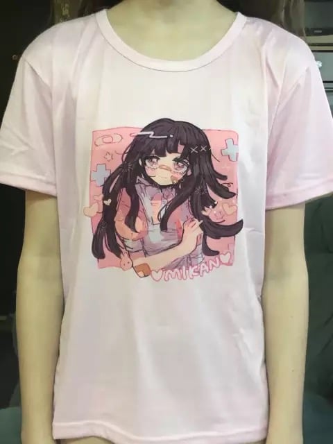 Cute Sweet Vintage Black Anime Girl Cartoon Print Short Sleeve Shirt Oversize Loose T-shirt Top Goth E-Girl Kawaii Korean Japanese Harajuku Streetwear