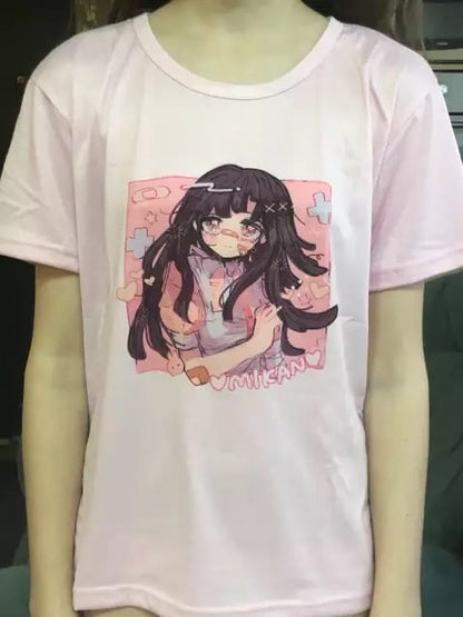 Cute Sweet Vintage Black Anime Girl Cartoon Print Short Sleeve Shirt Oversize Loose T-shirt Top Goth E-Girl Kawaii Korean Japanese Harajuku Streetwear