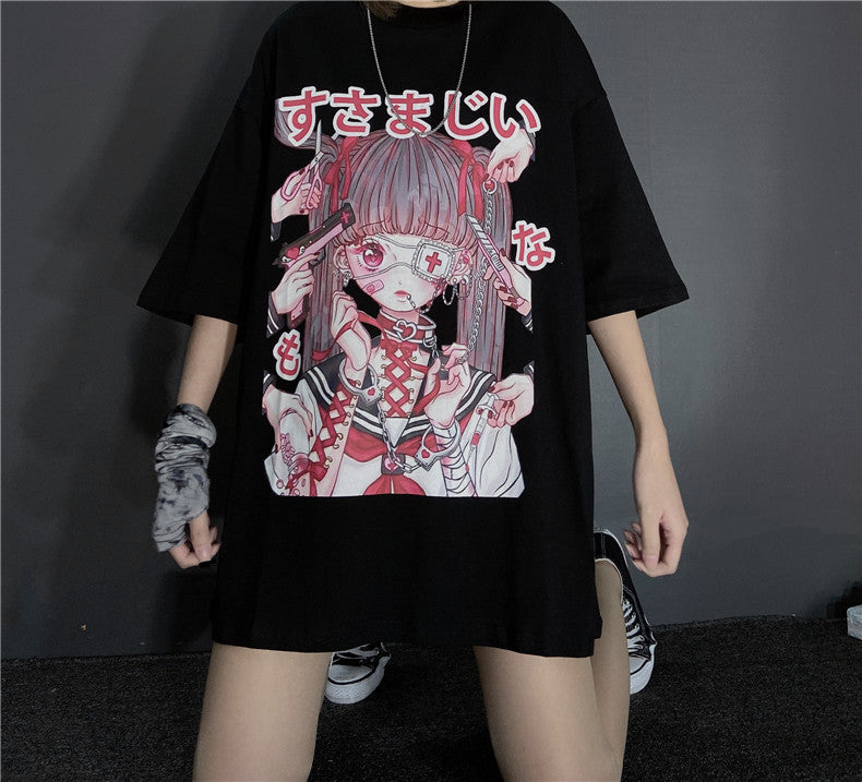 Cute Japanese Girl Punk Goth Print Oversized Short Sleeve Shirt Tee T-shirt E-Girl Kawaii Korean Japanese Harajuku Retro Streetwear Aesthetic