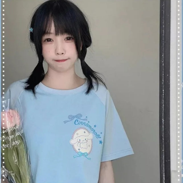 Cute Blue Japanese Anime Cartoon Graphic Print Loose Short Sleeve T-shirt