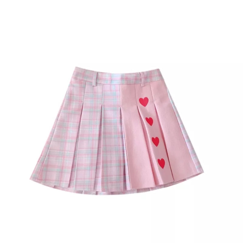 Pink Heart Plaid High Waisted Tennis Skirt Aesthetic Casual E-Girl Kawaii Korean Japanese Harajuku