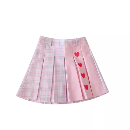 Pink Heart Plaid High Waisted Tennis Skirt Aesthetic Casual E-Girl Kawaii Korean Japanese Harajuku