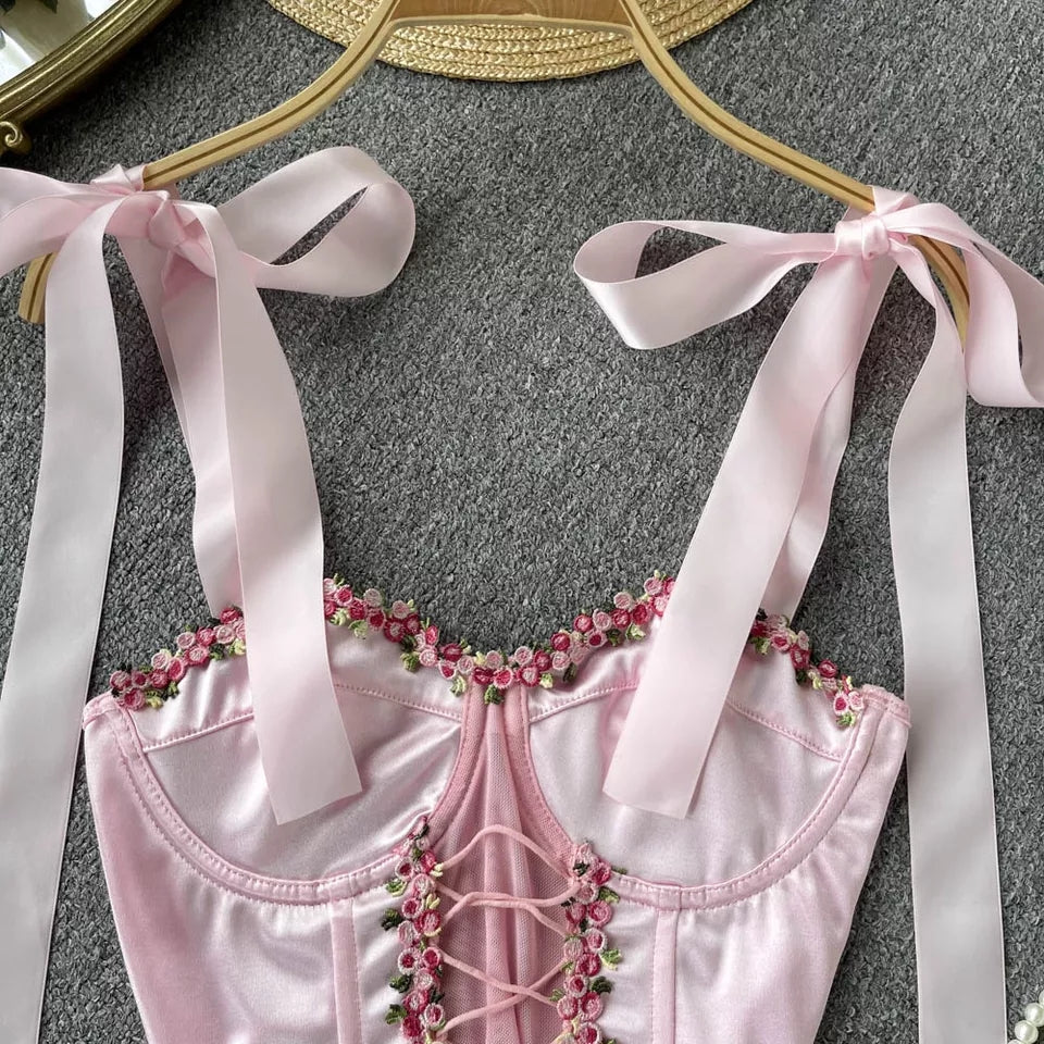 Pink Rose Lace Up Bustier Top