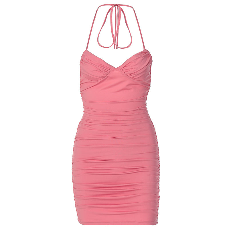 Pink Pleated Halter Bodycon Mini Dress