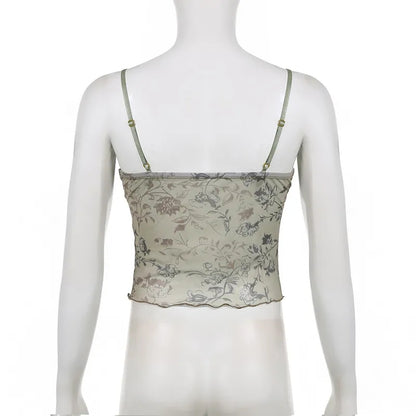 Floral Print Lace Trim Mesh Crop Top