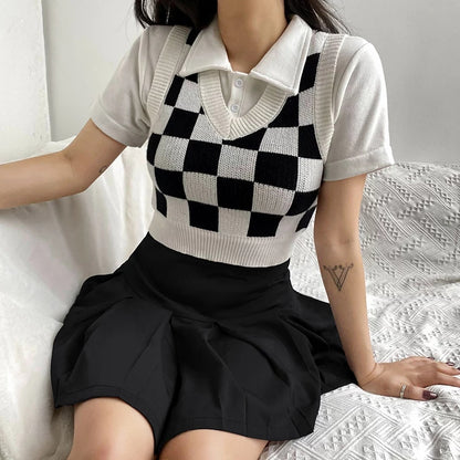 Cute Preppy Argyle Plaid Sweater Vest Sleeveless Knit Crop Top V Neck Shirt Aesthetic Casual Summer E-Girl Kawaii Korean Japanese Harajuku