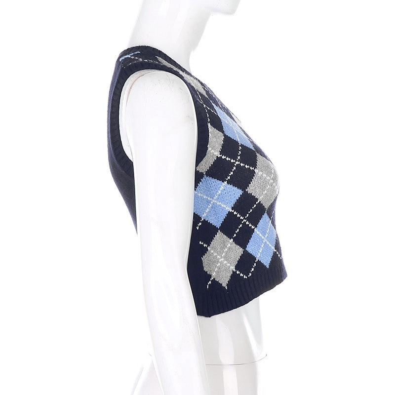 Vintage Plaid V Neck Sleeveless Sweater Vest Knit Crop Top Preppy Causal Pullover E-Girl Kawaii Korean Japanese Harajuku Streetwear