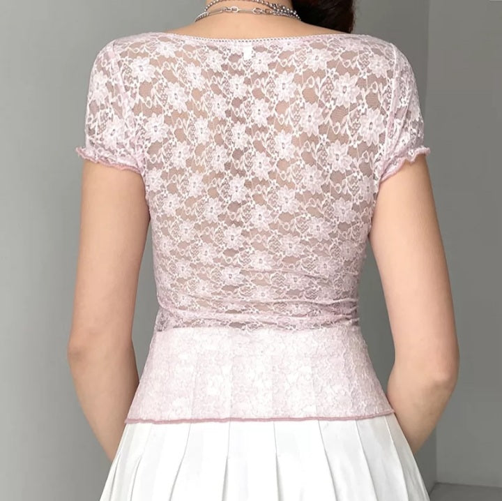 Cute Sweet Pink Lace Trim Short Sleeve Shirt Crop Top Summer Aesthetic Casual E-Girl Kawaii Korean Japanese Harajuku