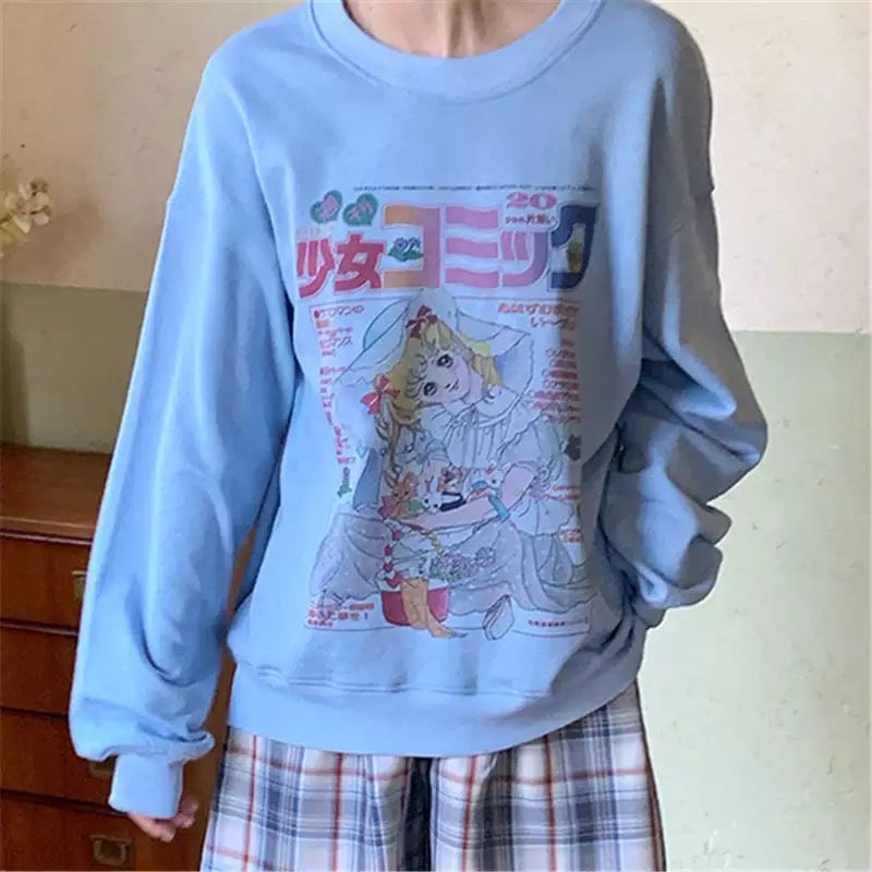 White Vintage Anime Girl Cartoon Print Graphic Long Sleeve Sweatshirt Sweater Pullover Jumper Causal E-Girl Kawaii Korean Japanese Harajuku Streetwear