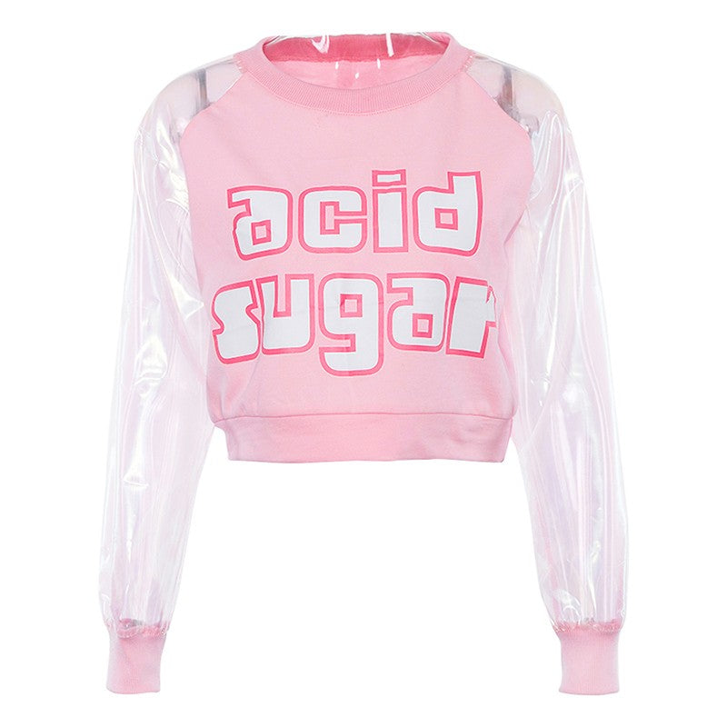 Pastel Pink Acid Holographic Laser Transparent Crop Top Long Sleeve Tee Shirt T-shirt Top Sweatshirt E-Girl Kawaii Korean Japanese Harajuku Streetwear