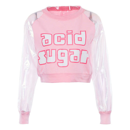Pastel Pink Acid Holographic Laser Transparent Crop Top Long Sleeve Tee Shirt T-shirt Top Sweatshirt E-Girl Kawaii Korean Japanese Harajuku Streetwear