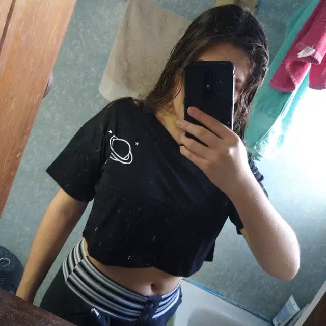 Black Planet Star Print Casual Summer Crop Top Short Sleeve Tee Shirt T-shirt Top E-Girl Kawaii Korean Japanese Harajuku Streetwear