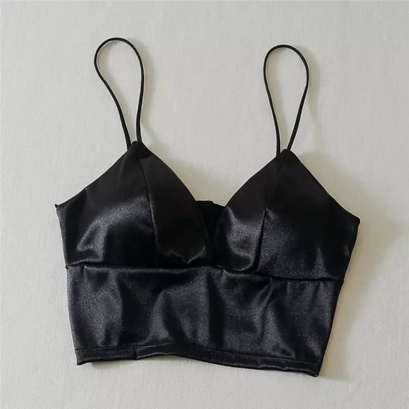 Cute Black White Shiny Silk Crop Top Sleeveless Shirt Tank Spaghetti Strap Blouse Summer Club Party E-Girl Kawaii Korean Japanese Harajuku Streetwear
