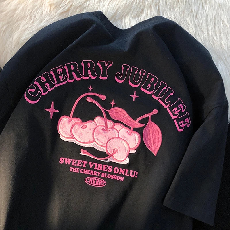 Cherry Embroidery Loose Short Sleeve T-shirt