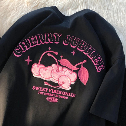 Cherry Embroidery Loose Short Sleeve T-shirt