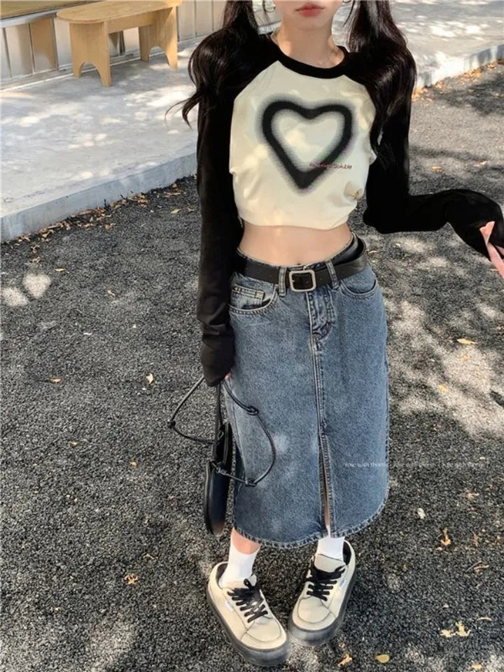 Black Heart Patchwork Long Sleeve T-shirt