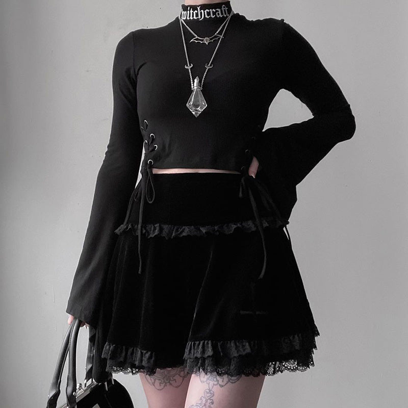 Cute Sexy Goth Black Cross Skirt Vintage Lace Trim A-Line Grunge Punk High Waist Ruffle Summer E-Girl Kawaii Korean Japanese Harajuku Streetwear
