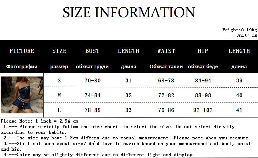 2PCS Blue Bow Strapless Top + Pleated Low Waist Skirt