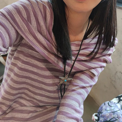 Purple Stripe Slash Neck Long Sleeve Shirt