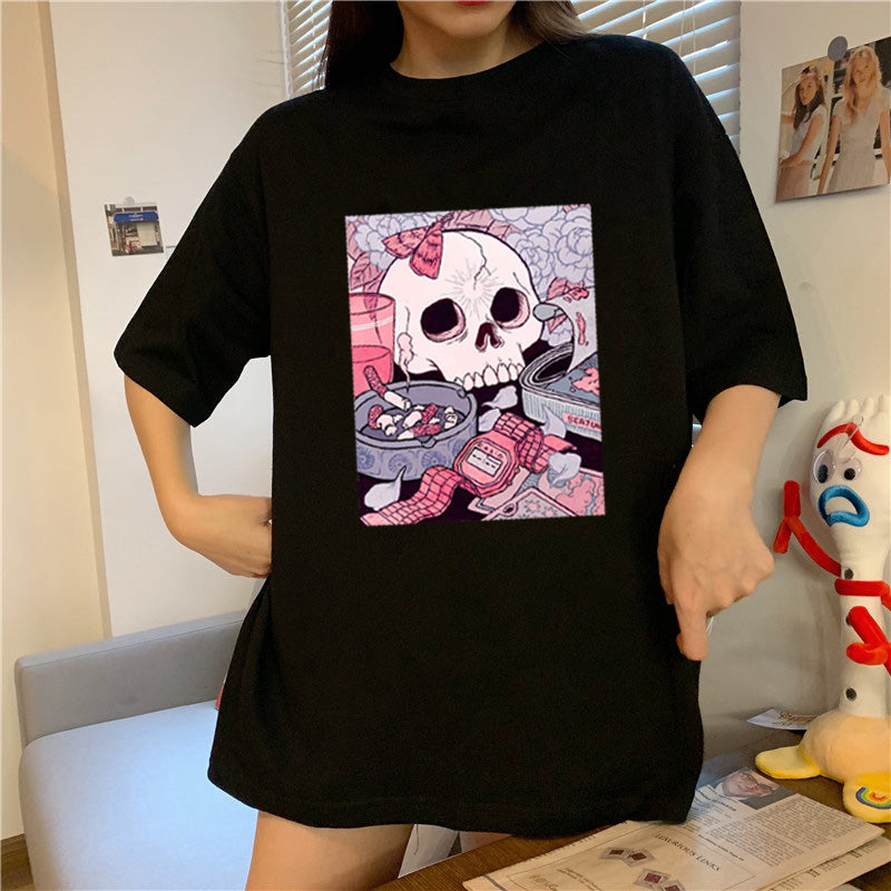 Cute Black Skull Goth Punk Print Cartoon Loose Short Sleeve Short T-shirt Tee Top Summer Casual E-Girl Kawaii Korean Japanese Harajuku Streetwear
