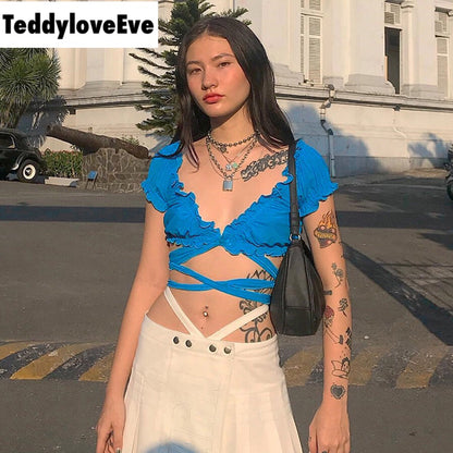 Cute Sexy Solid Color Bandage Cross Tie Up Crop Top Shirt Tee T-shirt E-Girl Kawaii Korean Japanese Harajuku Chinese Retro Streetwear Aesthetic