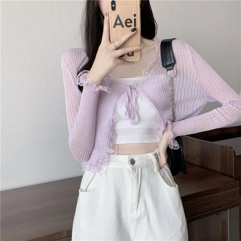 Sheer Lace Long Sleeve Cropped Cardigan