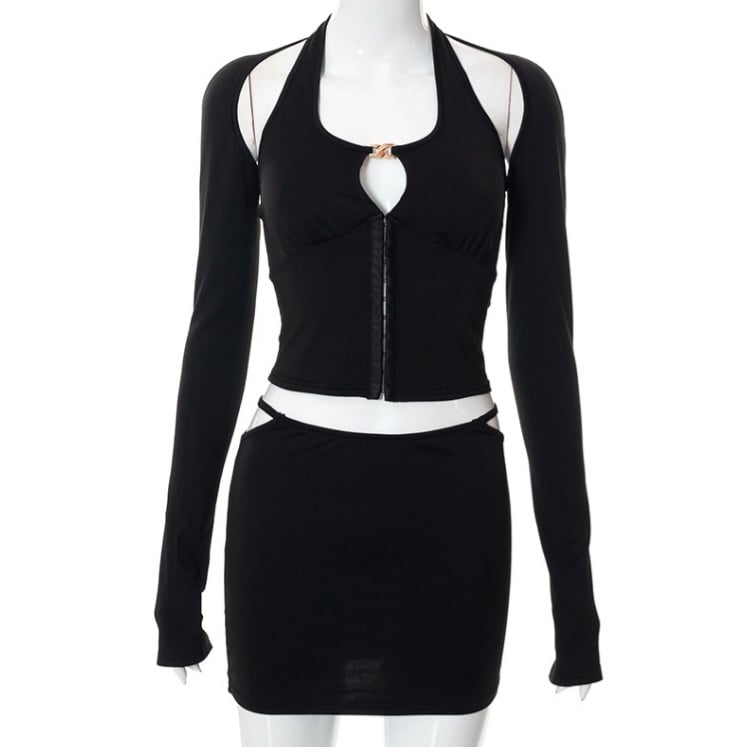 Black Hollow Out Tank Top + Sleeve + Mini Skirt Set