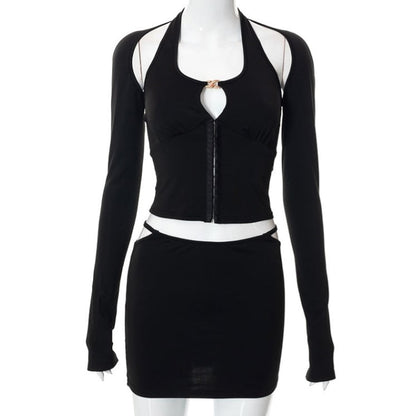 Black Hollow Out Tank Top + Sleeve + Mini Skirt Set