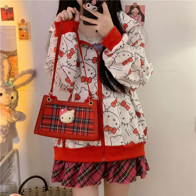 Cute Kitty Cat Cartoon Print Oversized Zipper Hoodie Sweatshirt Long Sleeve Pullover Aesthetic Casual Summer E-Girl Kawaii Korean Japanese Harajuku