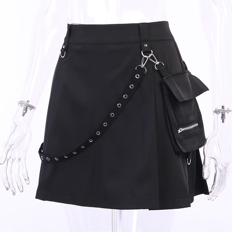 Cute Sexy Punk Goth Black High Waist Mini Skirt Patchwork Bandage Bottom E-Girl Kawaii Korean Japanese Harajuku Chinese Retro Streetwear Aesthetic