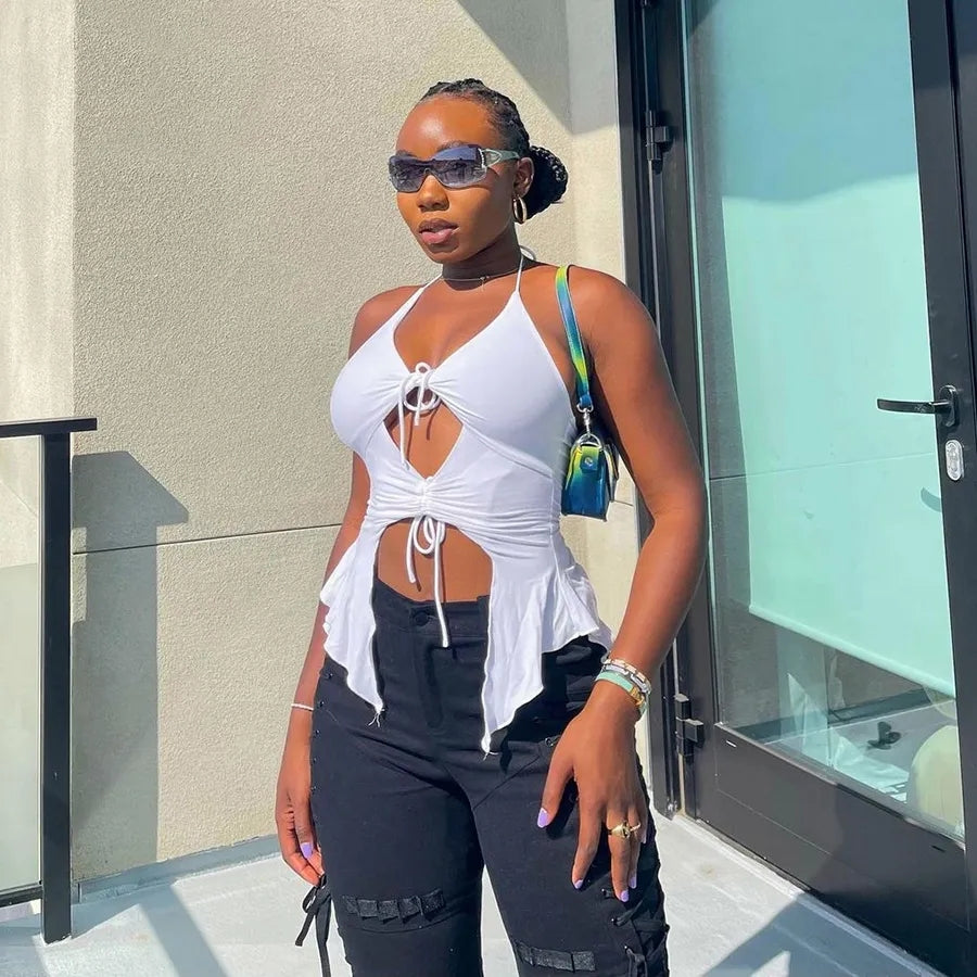 White Irregular Tie Up Halter Top