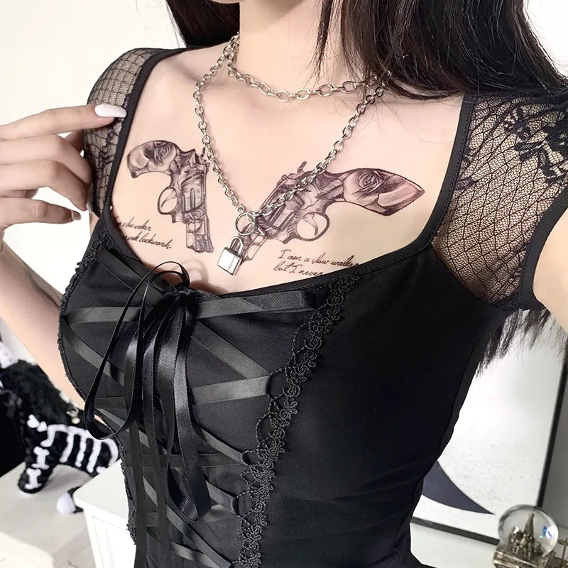 Black Bandage Ribbon Bow Lace Crop Top