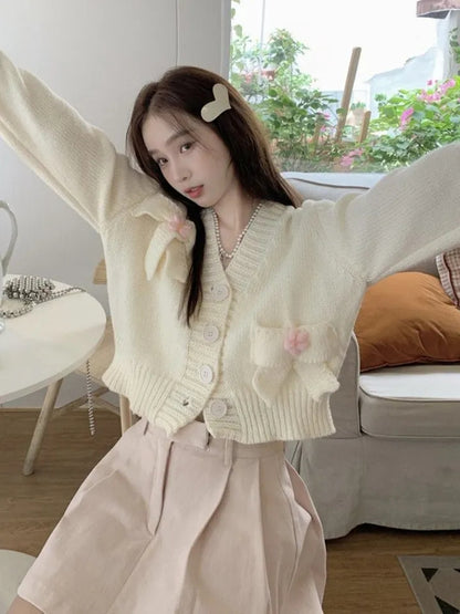 White Bow Knit Cardigan Sweater
