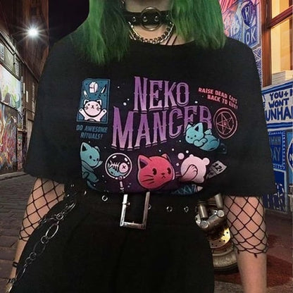 Cute Cat Kitten Neko Cartoon Print Goth Funny Short Sleeve Shirt Tee T-shirt E-Girl Kawaii Korean Japanese Harajuku Chinese Retro Streetwear Aesthetic