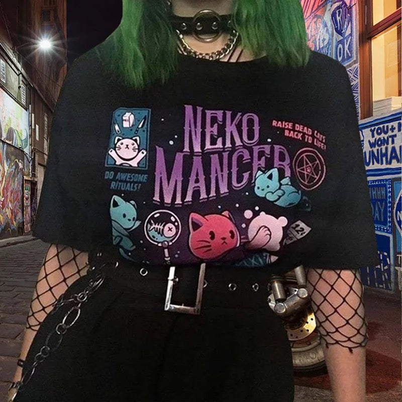 Cute Cat Kitten Neko Cartoon Print Goth Funny Short Sleeve Shirt Tee T-shirt E-Girl Kawaii Korean Japanese Harajuku Chinese Retro Streetwear Aesthetic