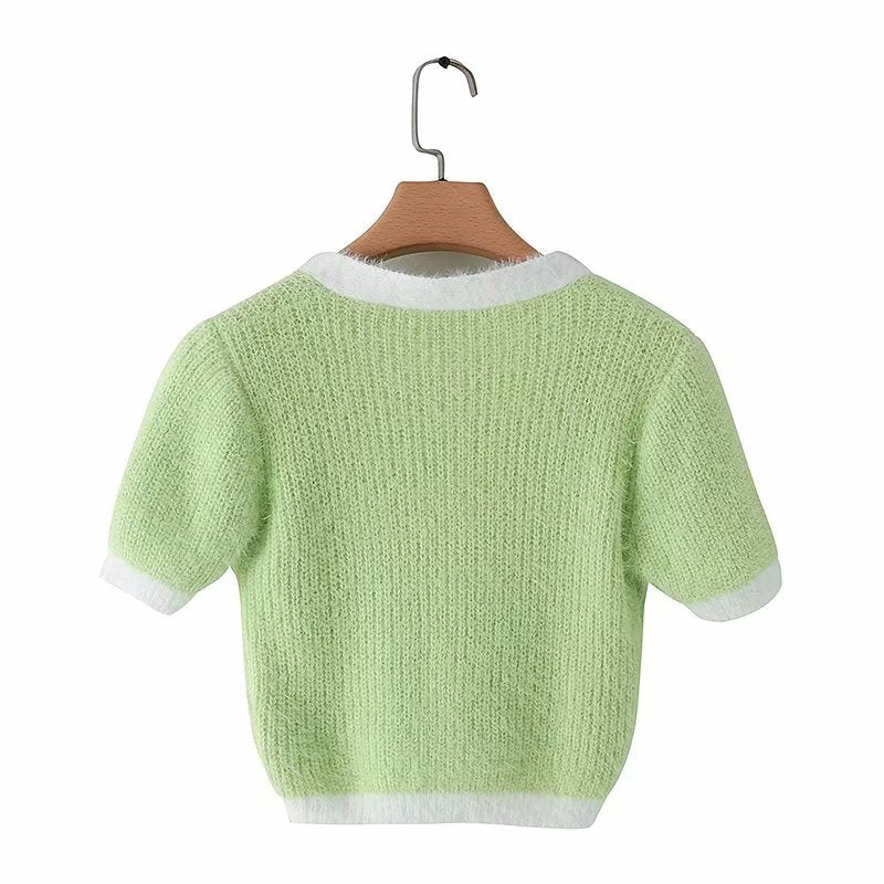 Cute Vintage Sweater Cardigan Knit Crop Top Short Sleeve Shirt Tee T-shirt E-Girl Kawaii Korean Japanese Harajuku Chinese Retro Streetwear Aesthetic