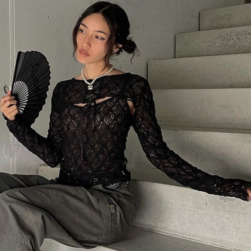 Black Mesh Lace Long Sleeve Shirt