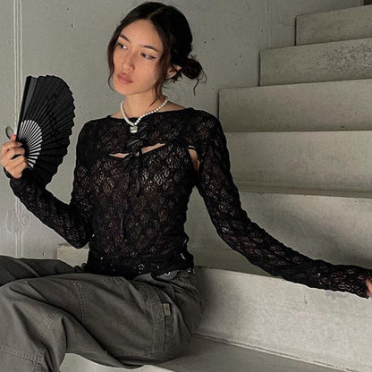 Black Mesh Lace Long Sleeve Shirt